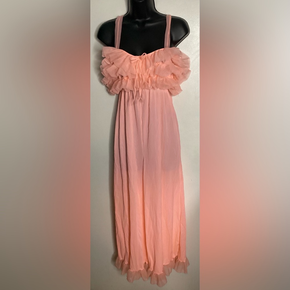 Vintage Coral Pink Romper Sheer Lingerie With Ruffles M/L
